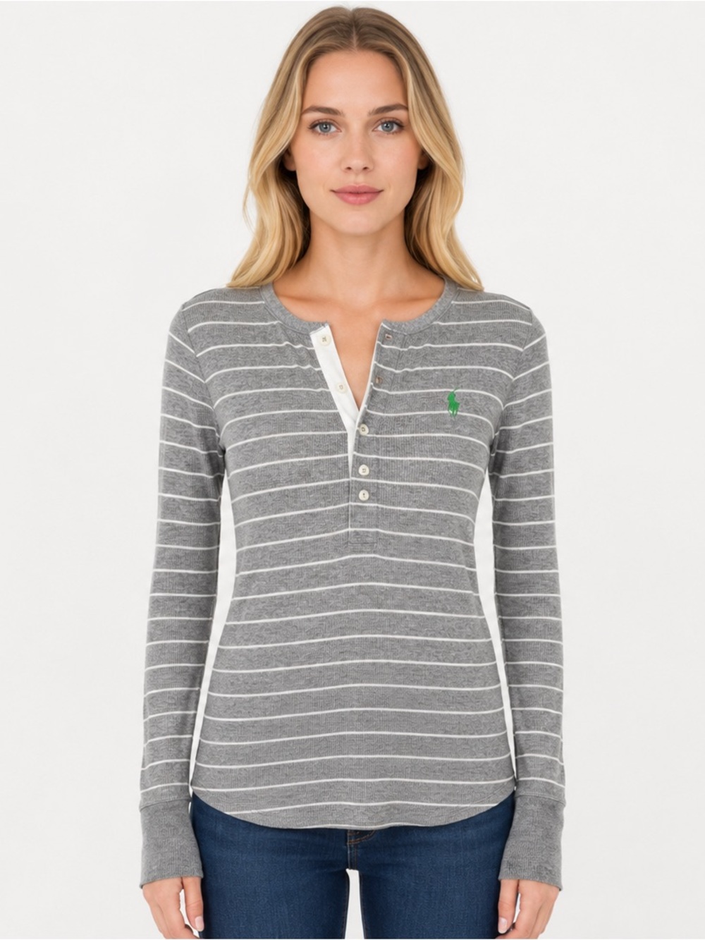 Ralph Lauren Heather Gray/White Stripe Henley Long Sleeve Ribbed T-Shirt Size M
